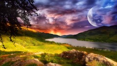 digital art moon landscape river nature artwork