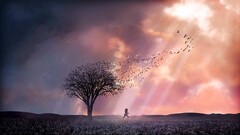 digital art running Trees Birds outdoors sky sunlight Animals