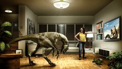 Dinosaurs room TV virtual reality headsets humor video games