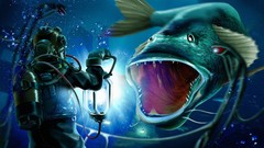 Diver underwater creatures fantasy art scuba diving