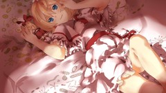 Dolls dress beds bows blondes shadows blush anime girls blue 