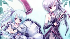 Dolls dress duel blue hair pink eyes anime girls scythe purple 