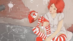 Dolls sitting clowns redheads brick wall artwork striped 
