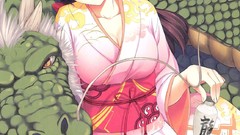 Dragons Anime horns kimono long hair blue eyes cleavage 