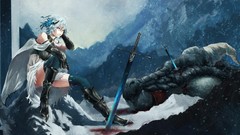 Dragons blood horns Swords anime girls short hair artwork