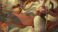 Dragons fingers angry outdoors bangs yellow eyes bare shoulders 