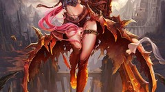 Dragons horns red eyes Swords pink hair long hair anime girls 