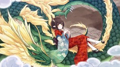 Dragons kimono anime girls brunettes yellow eyes Japanese 