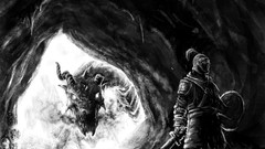 Dragons Warriors monochrome caves artwork fantasy art