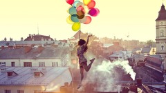 Dreams woman smoke Balloons cities rooftops floating