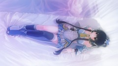 Dress beds long hair anime girls indoors vocaloid black hair 