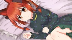 Dress beds pillows smiling anime girls brown eyes short hair 