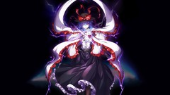 Dress black background hats red eyes gloves belts blue hair 