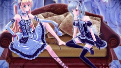 Dress blondes couch long hair anime girls white dress 