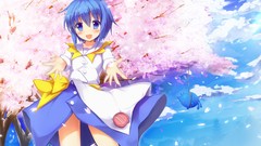 Dress blue hair anime girls blue eyes cherry blossoms