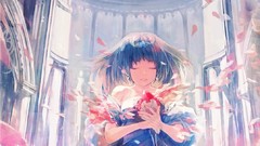 Dress blue hair anime girls closed eyes short hair flower 