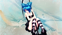 Dress blue hair gray eyes anime girls short hair bare shoulders 