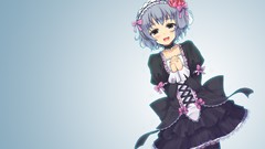 Dress blush blue hair anime girls brown eyes short hair open 