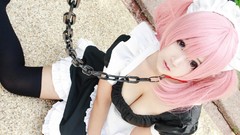 Dress chains pink hair models cleavage cosplay maid costumes