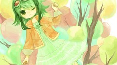 Dress Chibi green eyes goggles vocaloid green hair Megpoid Gumi