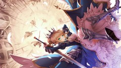 Dress costume armor saber Swords falling blondes blush anime 