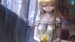 Dress curtains blondes long hair blue eyes bookshelf necklaces 