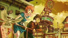 Dress drawings scarfs pink eyes anime girls cityscapes