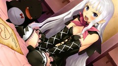 Dress fangs devil white hair gloves sitting earrings bows angry 