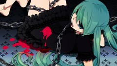 Dress floor chains long hair barefoot green eyes hatsune miku 