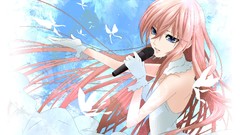 Dress gloves microphones pink hair long hair blue eyes vocaloid 