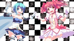 Dress gloves skirts blue hair pink hair pink eyes anime girls 