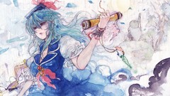 Dress hats red eyes blue hair long hair touhou cleavage 