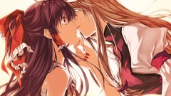 Dress hats red eyes Ribbons bows blondes kissing long hair 