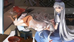 Dress hats white hair red eyes houses bows shirts long hair 