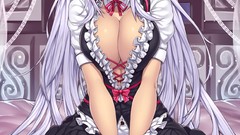 Dress horns sitting long hair anime girls purple hair purple 