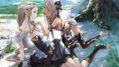 Dress horns socks outdoors long hair anime girls brunettes gray 