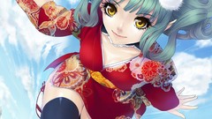 Dress horns stockings blue hair anime girls yellow eyes 