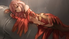 Dress navel gloves red dress pink hair long hair pink eyes 