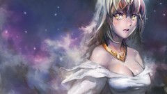 Dress outdoors blondes long hair anime girls white dress skies 