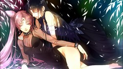 Dress pink hair long hair pink eyes anime girls black hair 