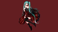 Dress red background sitting red dress smiling long hair anime 