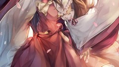 Dress red dress bows fans long hair anime girls brown eyes 