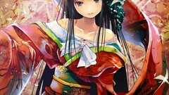 Dress red dress kimono masks multicolor long hair green eyes 