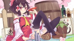 Dress red eyes bows brunettes hakurei reimu touhou cherry 