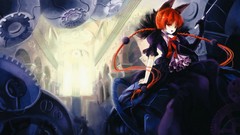 Dress red eyes gloves long hair indoors braids black dress 