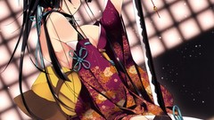 Dress red eyes kimono Swords long hair anime girls black hair 