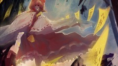 Dress red eyes red dress bows blondes sunlight barefoot anime 