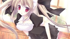 Dress red eyes Ribbons blondes window panes