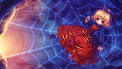 Dress red eyes Ribbons red dress bows blondes caves smiling 