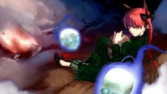 Dress red eyes sitting bows skulls long hair braids touhou 